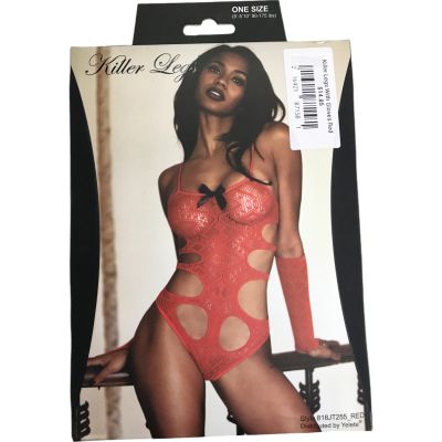 $14.85 YELETE Killer Legs Exotic Body Stocking Gloves Lingerie Red One Size NWB